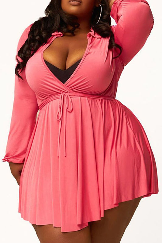 Plus Size Deep V-Neck Strapped Ruffle Dress