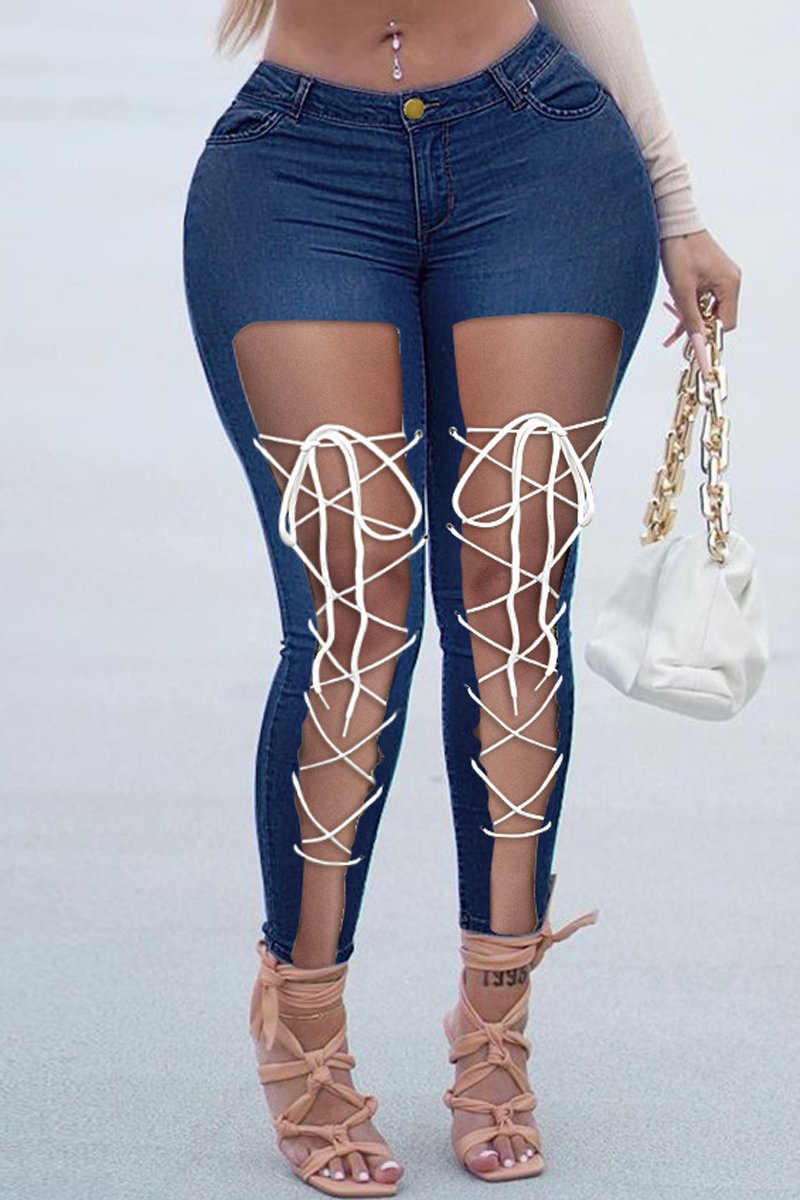 Plus Size Denim Hole Bandage Low Waist Jeans