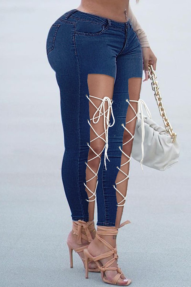 Plus Size Denim Hole Bandage Low Waist Jeans
