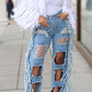 Plus Size Denim Tassel Hem Sequin Hole Wide Leg Jeans