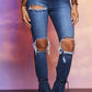 Plus Size Denim Hole Distressed Strapped Flared Jeans