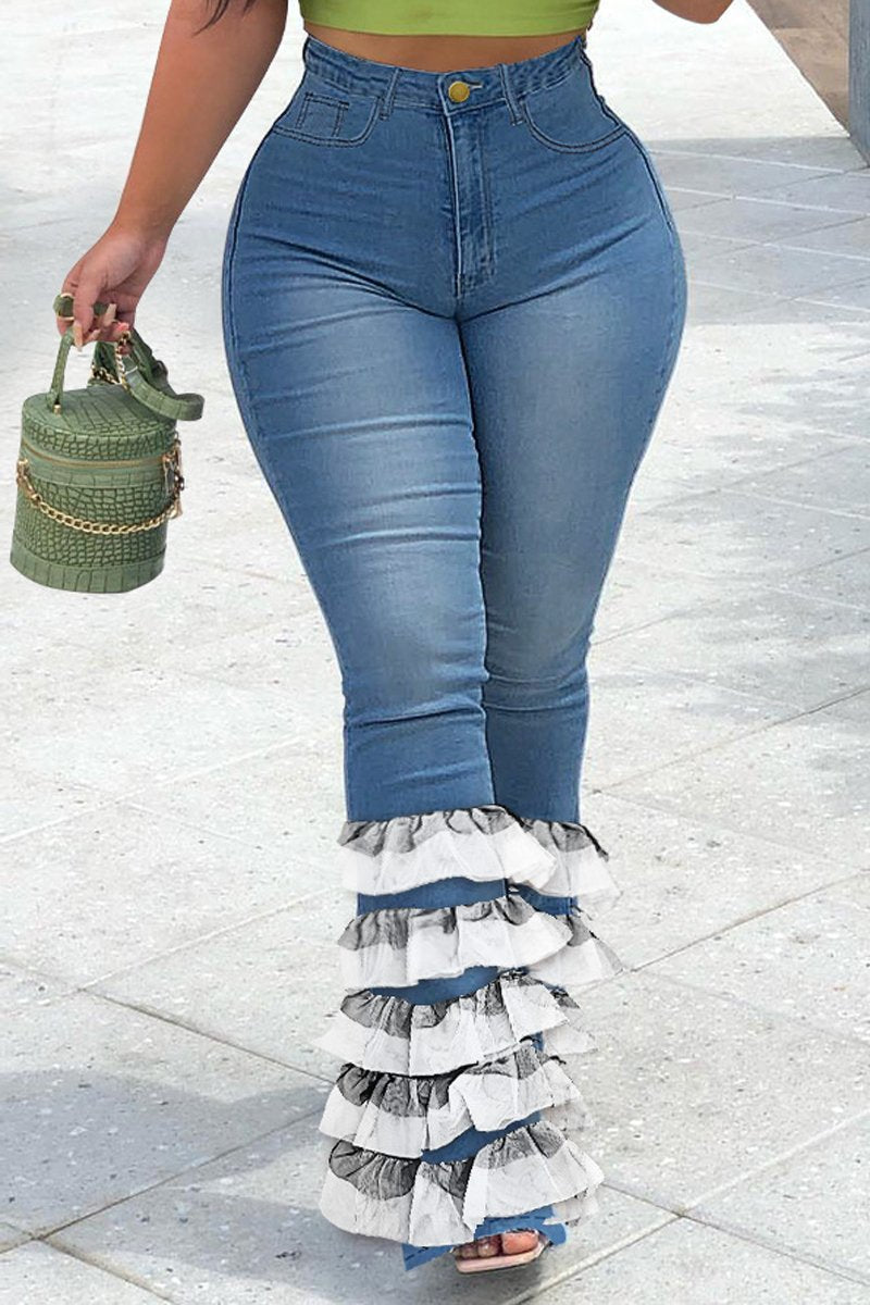 Plus Size Denim Lace Hem High Waist Flared Jeans
