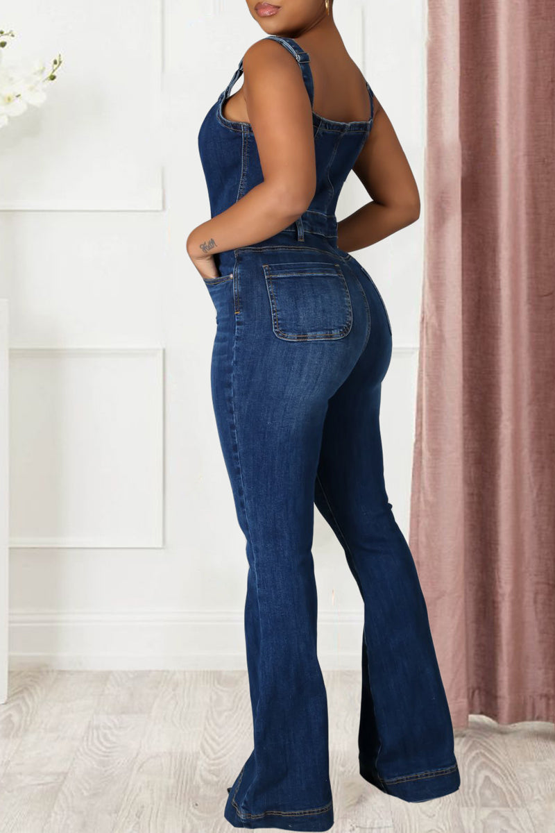 Plus Size Denim Halter Button Up Flare Jumpsuit