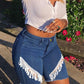 Plus Size Denim High Waist Tassel Hem Shorts