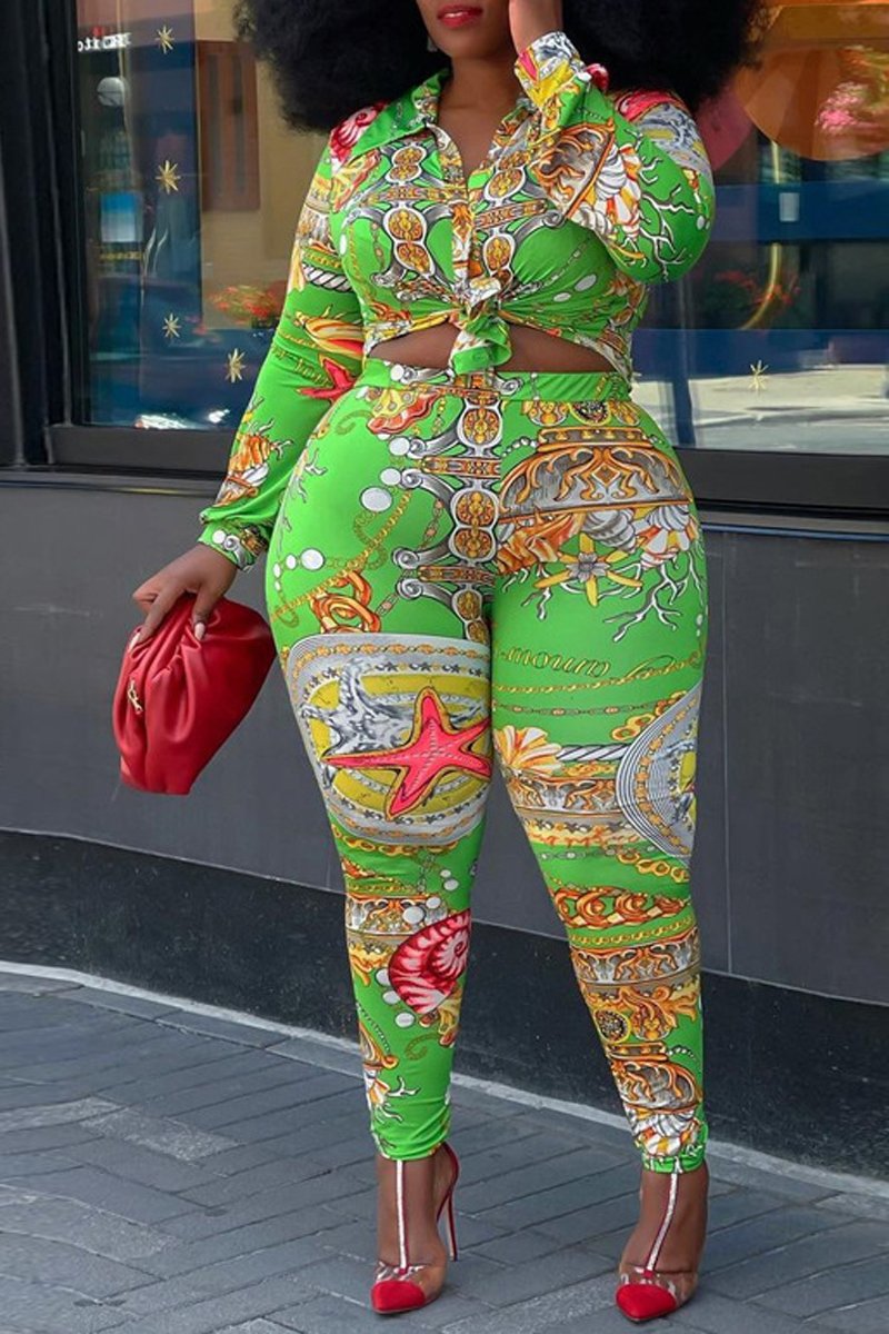 Plus Size Chain Print Long Sleeve Two Piece Sets