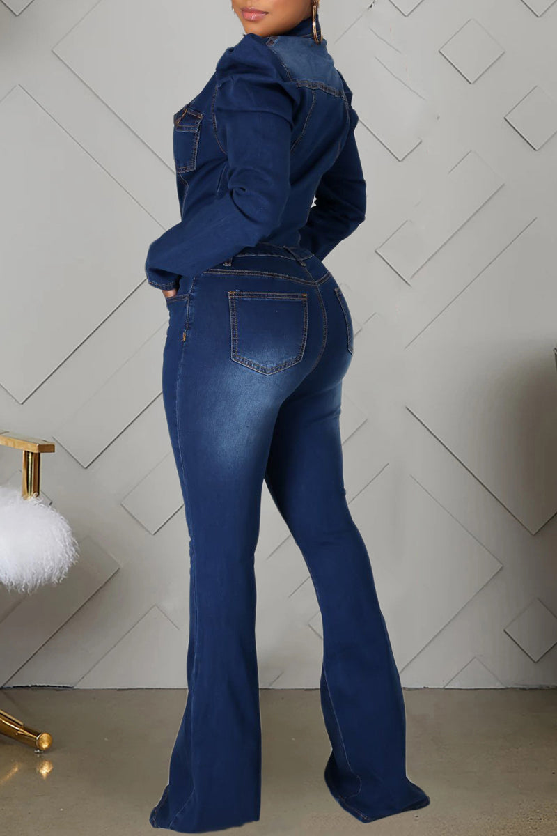 Plus Size Denim Puff Sleeve Button Flared Jumpsuit