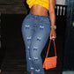 Plus Size Denim Butterfly Print Pocket Jeans