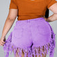 Plus Size Denim Tassel Hem Pocket Shorts
