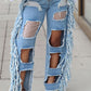 Plus Size Denim Tassel Hem Sequin Hole Wide Leg Jeans