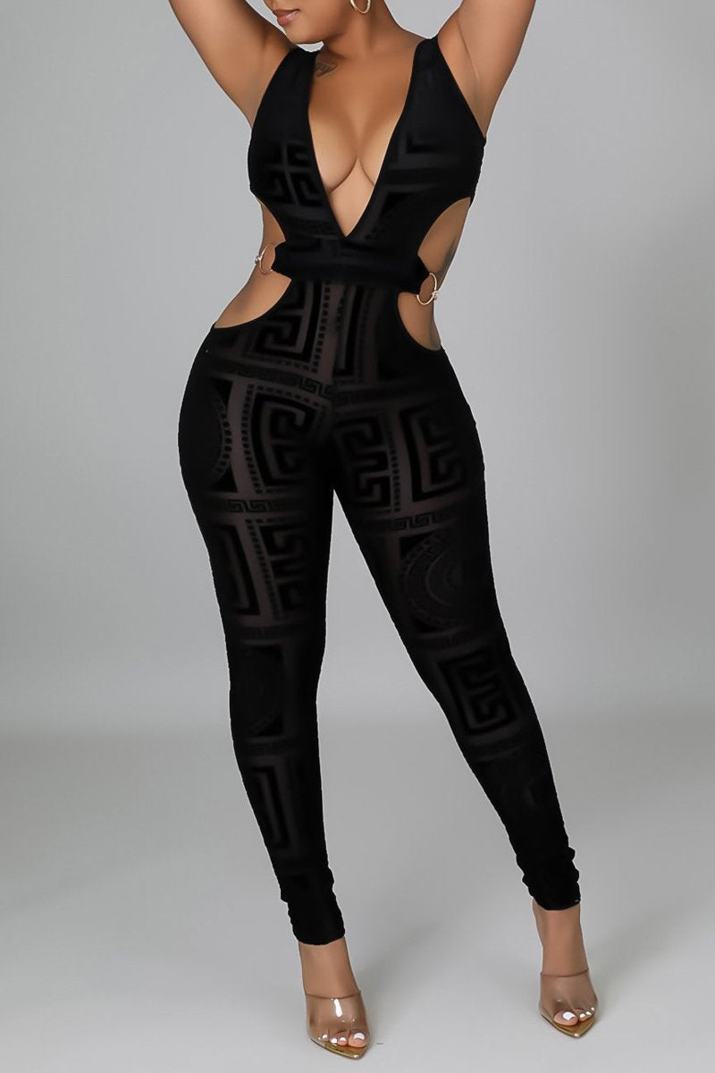 Plus Size Deep V-Neck Printed Hollow Out Jumpsuit