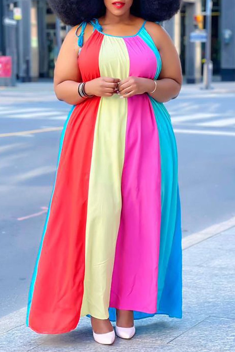Plus Size Colorful Striped Halter Neck Maxi Dress