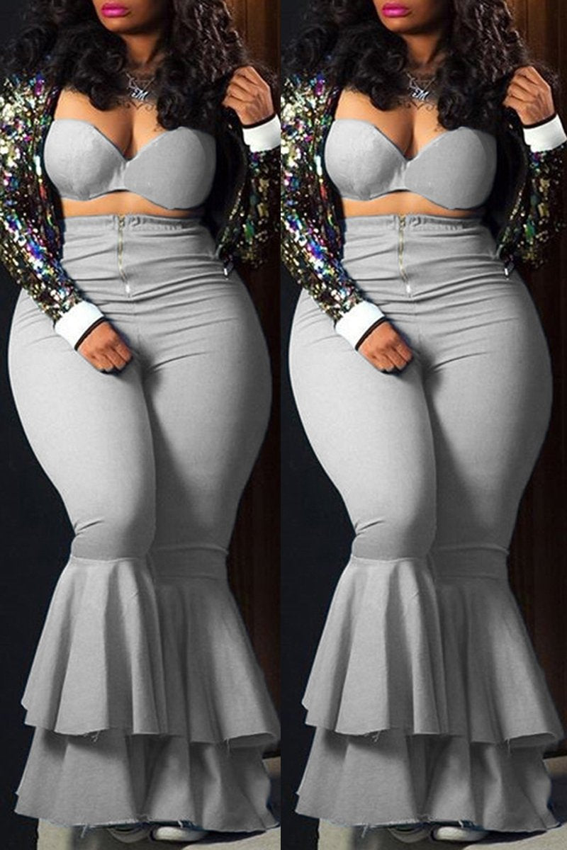Plus Size Flared Solid Color Top & Pants