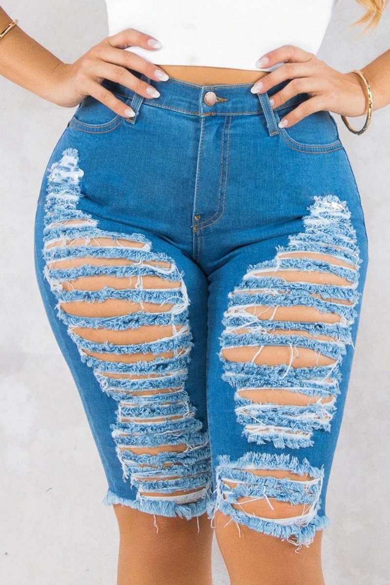 Plus Size Denim Slash Solid Knee Length Shorts