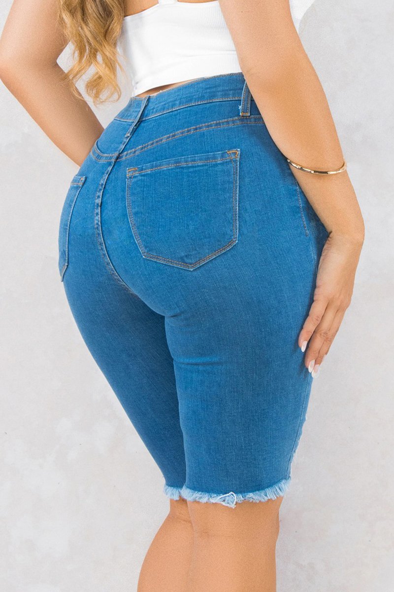 Plus Size Denim Slash Solid Knee Length Shorts