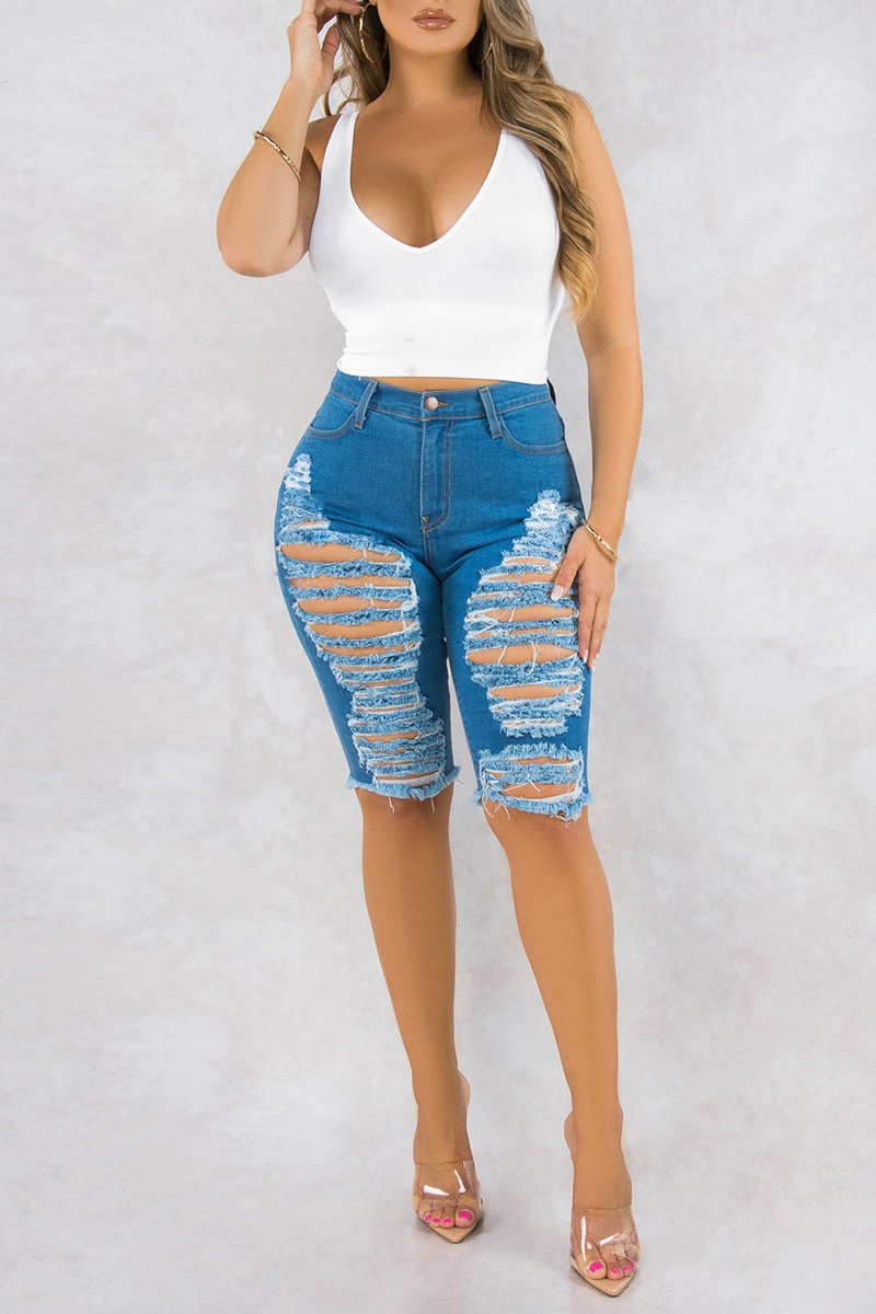Plus Size Denim Slash Solid Knee Length Shorts