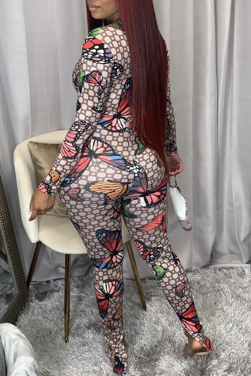 Plus Size Butterfly Print Zipper Up Jumpsuit