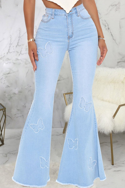Plus Size Denim Butterfly Print Flared Jeans