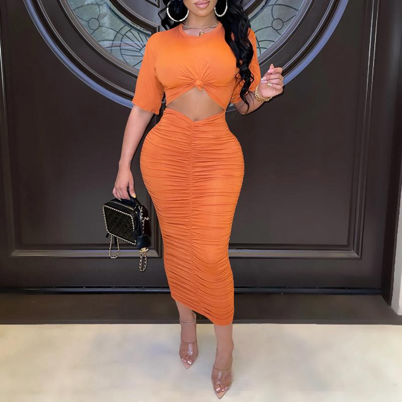 Pleated Cutout Knotted Round Neck Maxi Dress