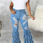 Plus Size Denim Hole Distressed Tassel Hem Jeans