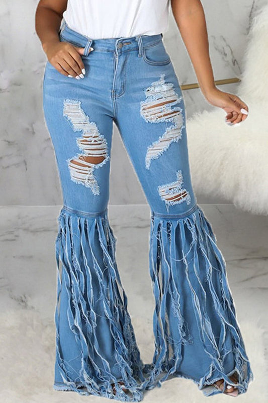 Plus Size Denim Hole Distressed Tassel Hem Jeans