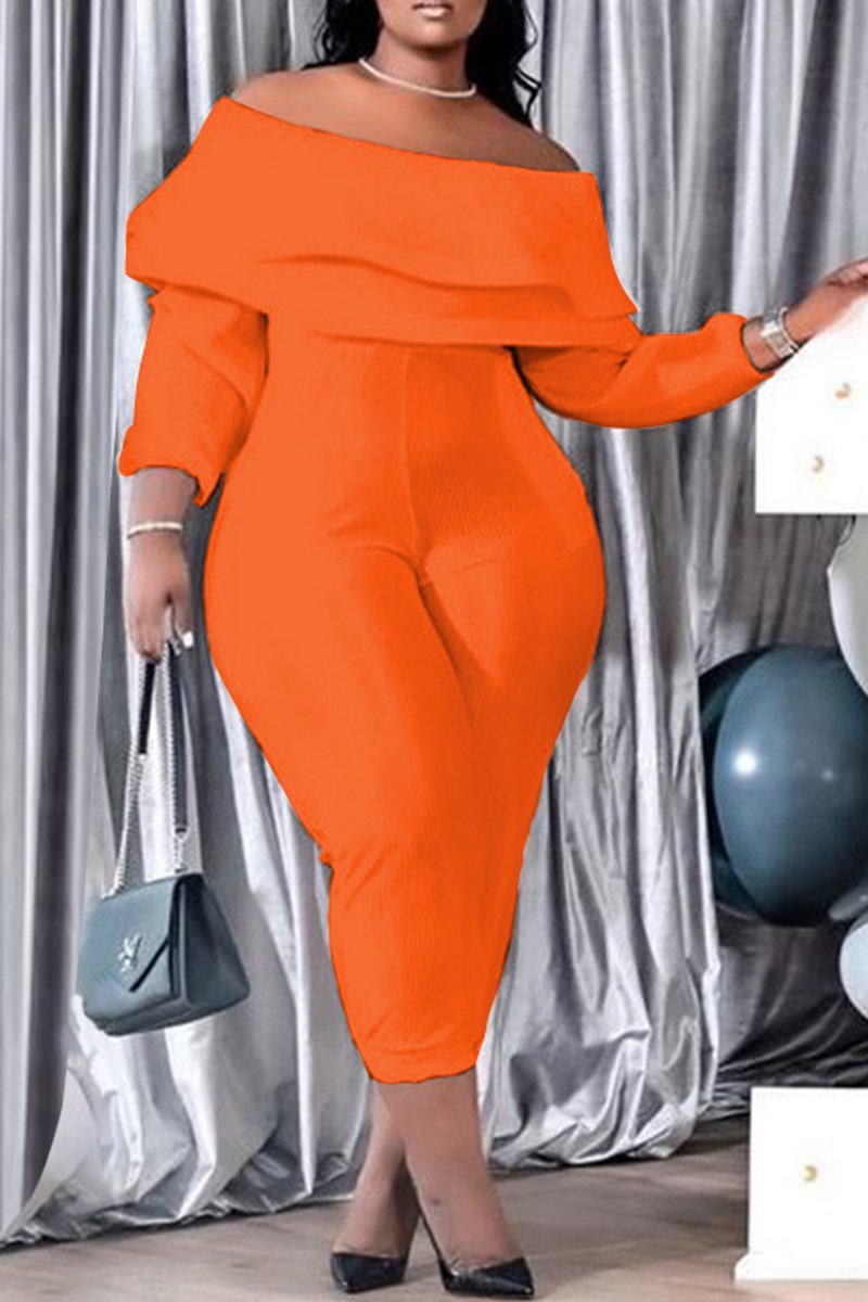 Plus Size Boat Neck Ruffle Long Sleeve Jumpsuit