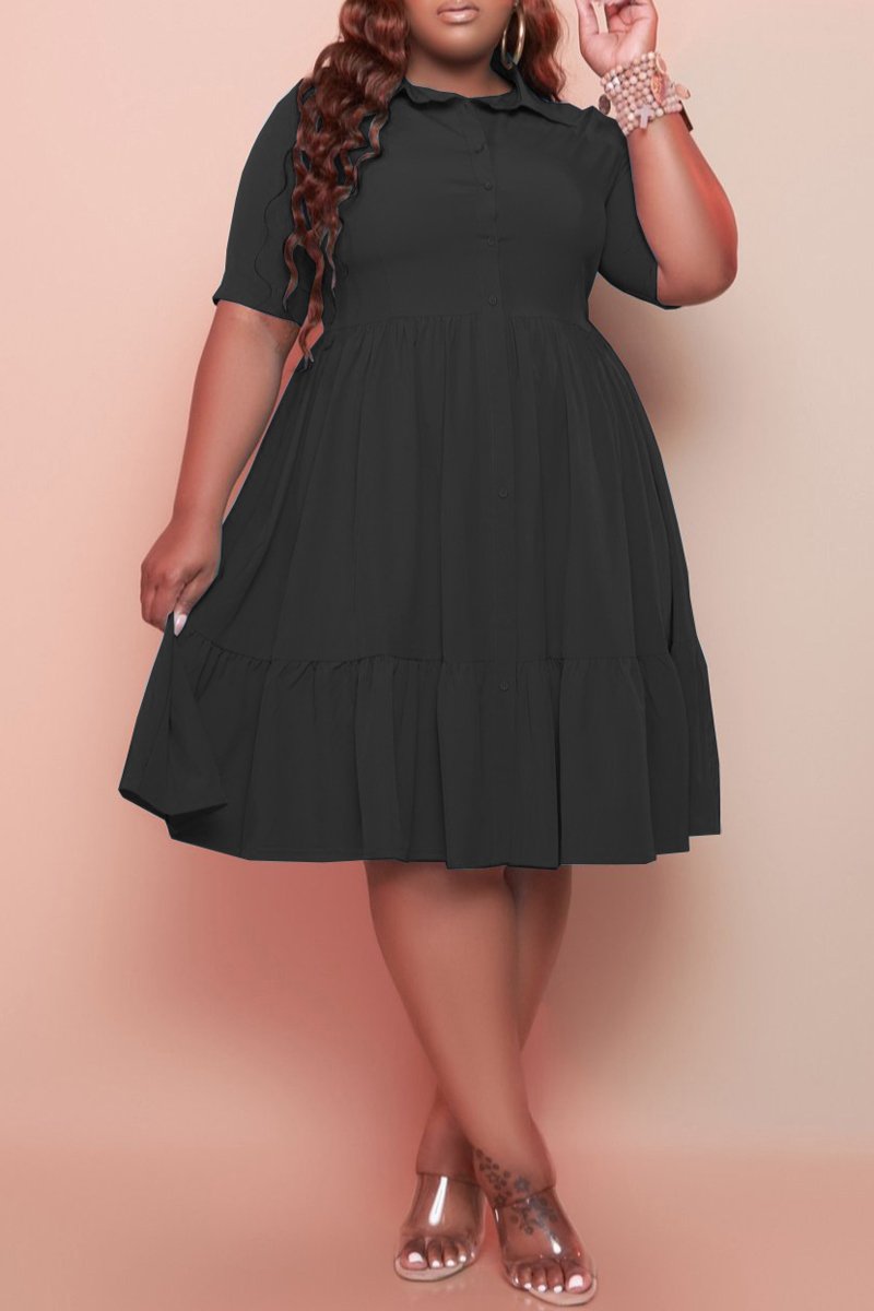 Plus Size Button Up Short Sleeve Ruced Dress