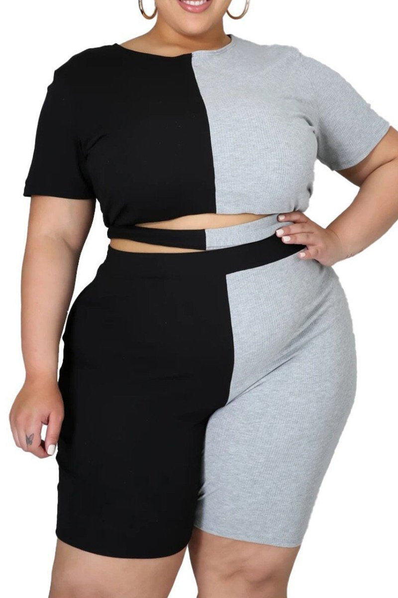 Plus Size Color Patchwork Cutout Two Piece Sets