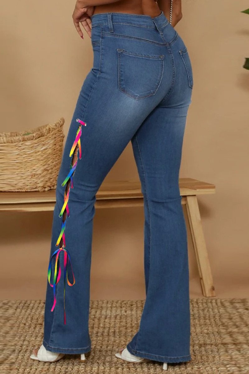 Plus Size Denim Colorful Bandage Side Slit Pants