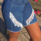 Plus Size Denim High Waist Tassel Hem Shorts