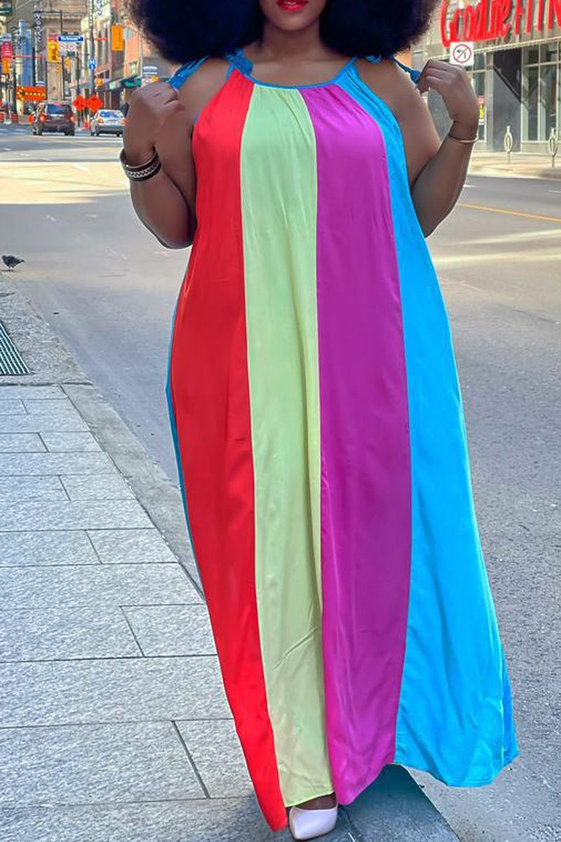 Plus Size Colorful Striped Halter Neck Maxi Dress