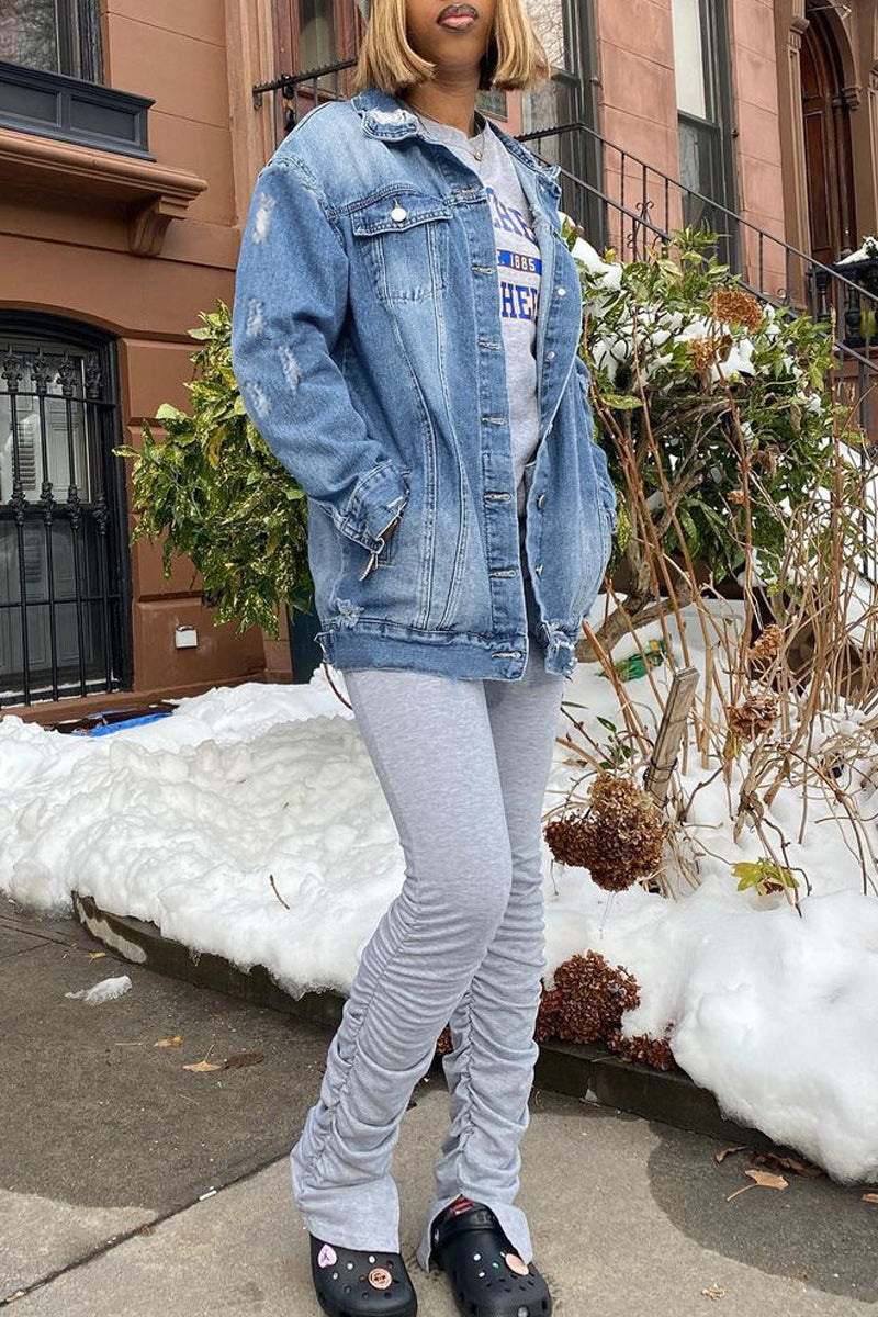 Plus Size Distressed Denim Casual Jacket