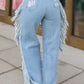 Plus Size Denim Tassel Hem Sequin Hole Wide Leg Jeans