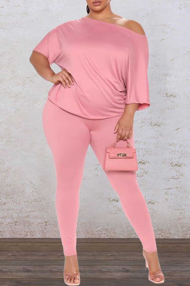 Plus Size Back Twisted Skew Neck Two Piece Sets