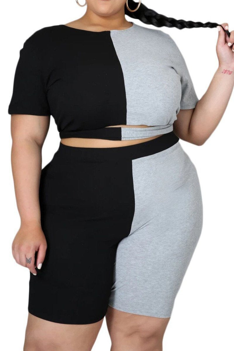 Plus Size Color Patchwork Cutout Two Piece Sets