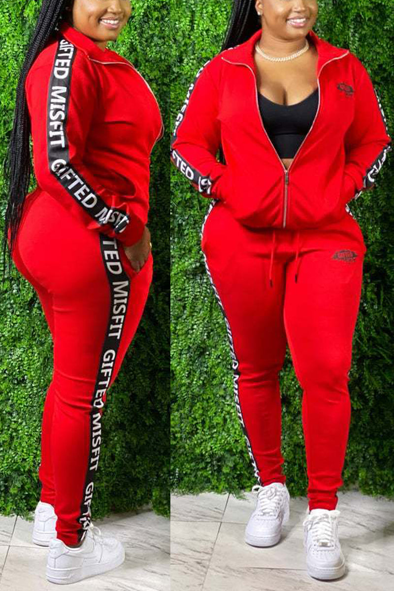 Plus Size Drawstring Zipper Collar Two Piece Sets