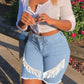Plus Size Denim High Waist Tassel Hem Shorts