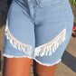 Plus Size Denim High Waist Tassel Hem Shorts