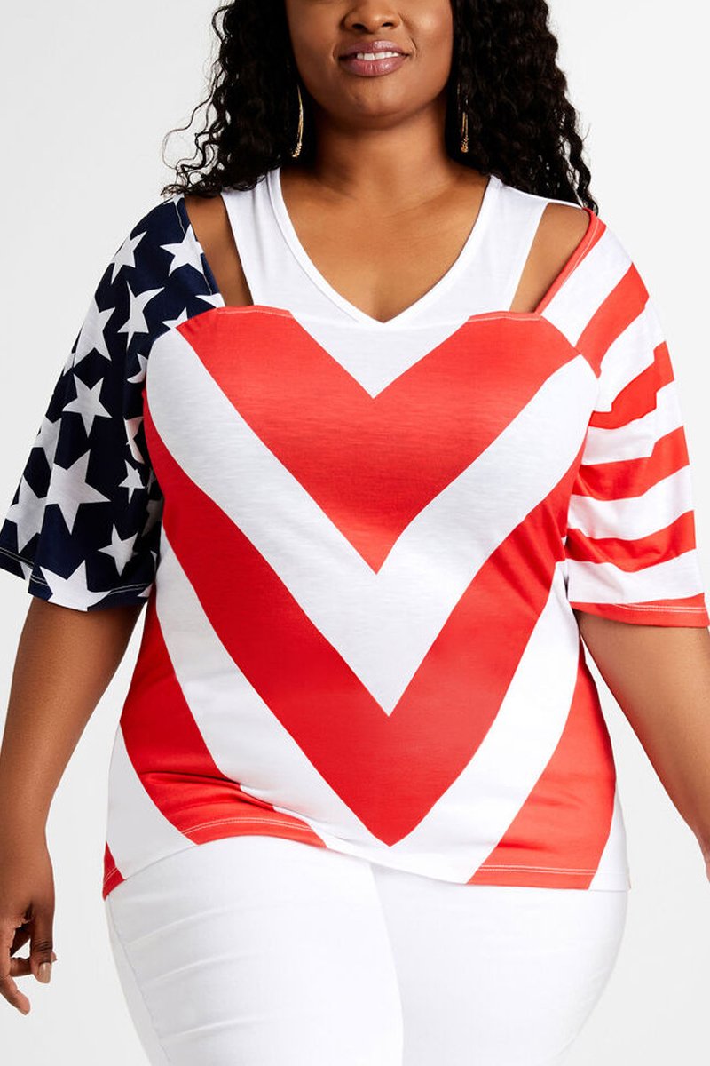 Plus Size American Flag Print V Neck Top
