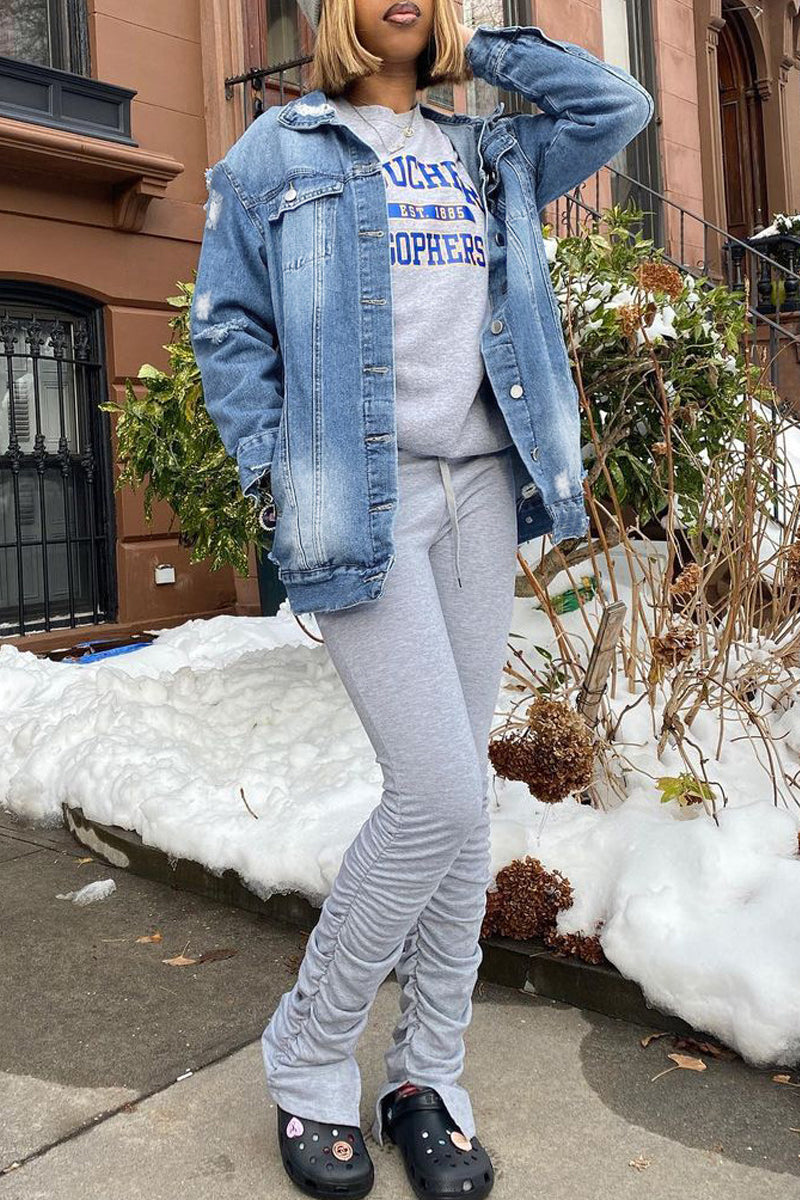 Plus Size Distressed Denim Casual Jacket