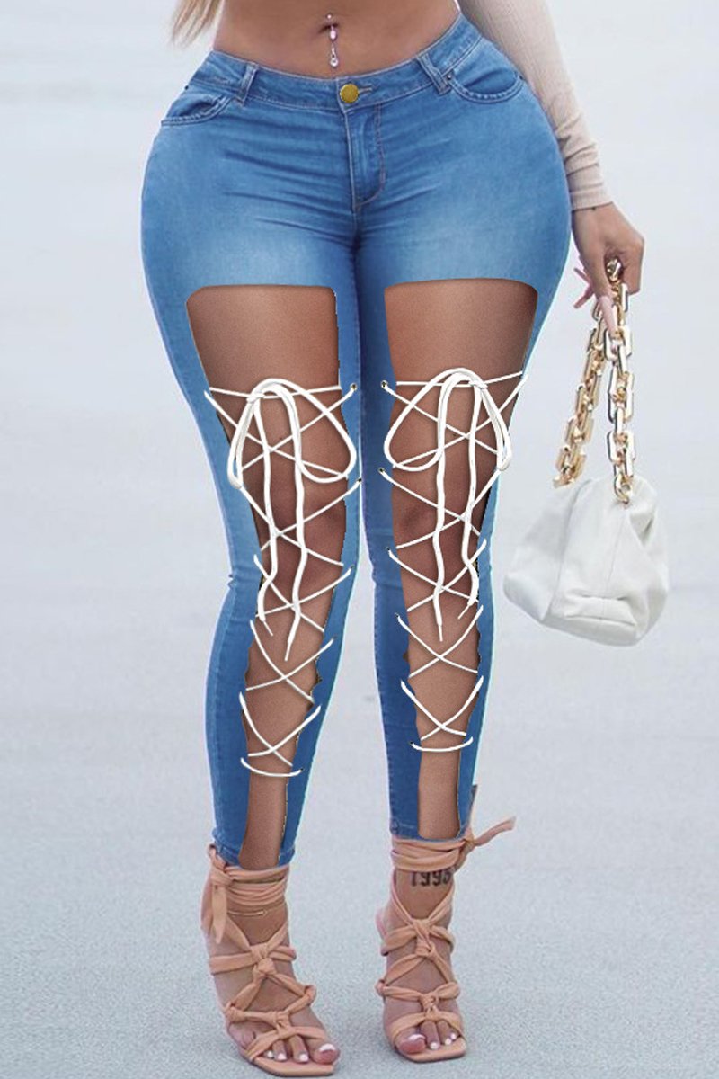Plus Size Denim Hole Bandage Low Waist Jeans