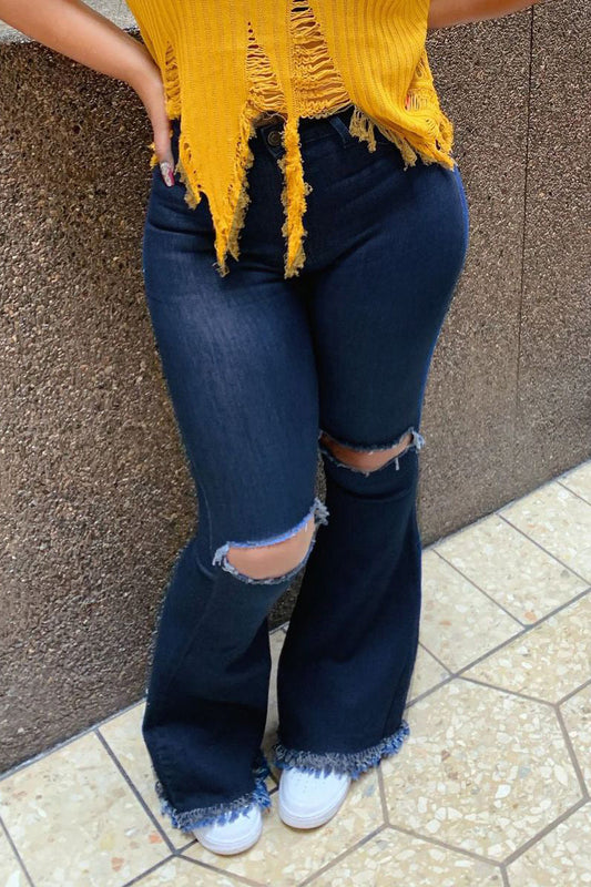 Plus Size Denim Hole Distressed Flared Jeans