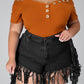 Plus Size Denim Tassel Hem Pocket Shorts