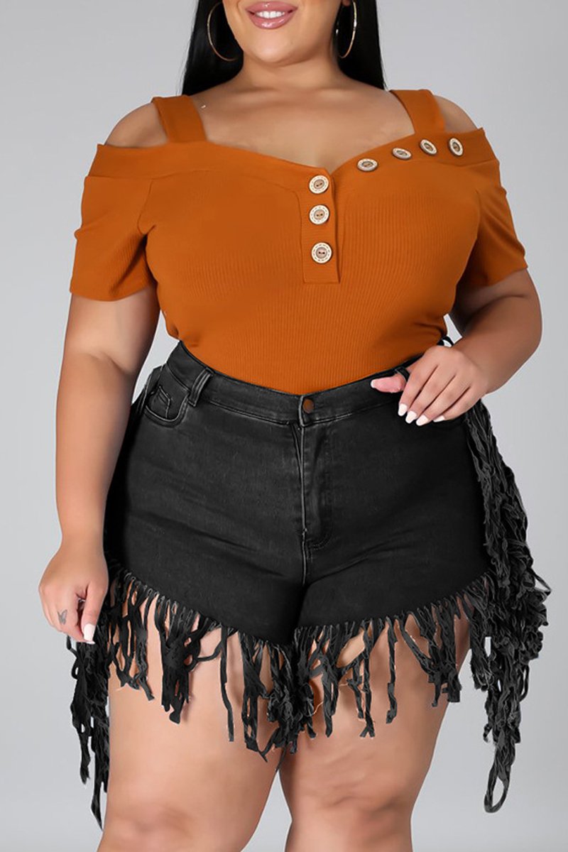 Plus Size Denim Tassel Hem Pocket Shorts
