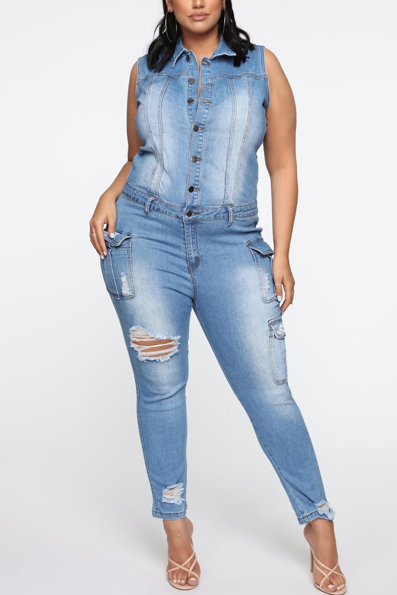 Plus Size Denim Ripped Sleeveless Jumpsuit
