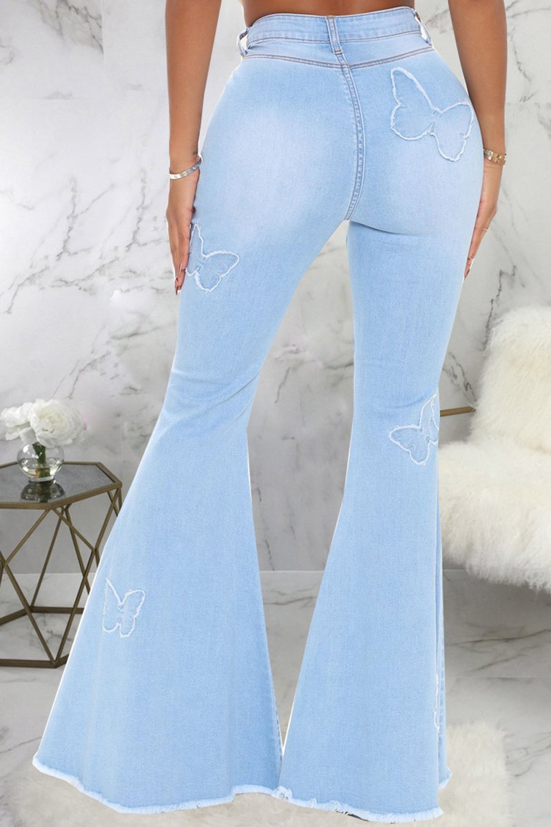 Plus Size Denim Butterfly Print Flared Jeans