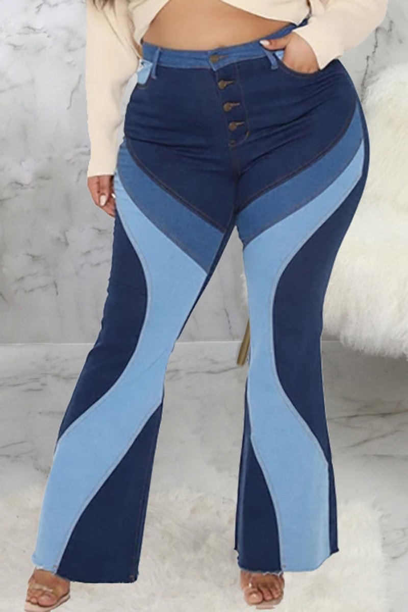 Plus Size Denim Patchwork Button Up Flared Jeans