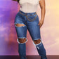 Plus Size Denim Hole Distressed Strapped Flared Jeans