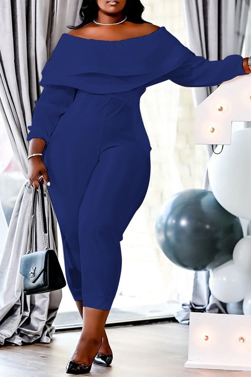 Plus Size Boat Neck Ruffle Long Sleeve Jumpsuit
