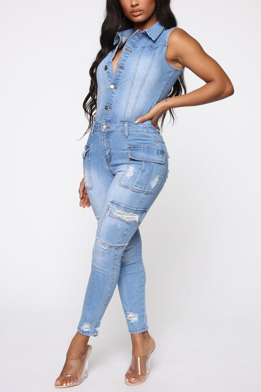 Plus Size Denim Ripped Sleeveless Jumpsuit