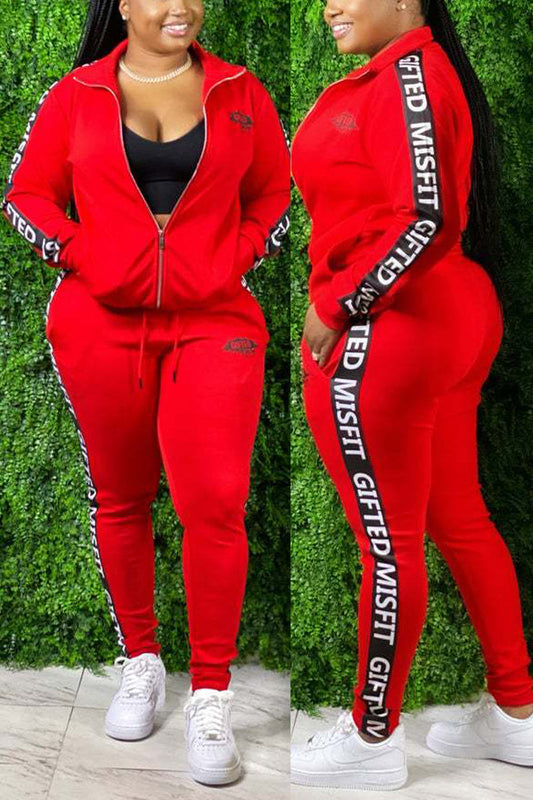 Plus Size Drawstring Zipper Collar Two Piece Sets